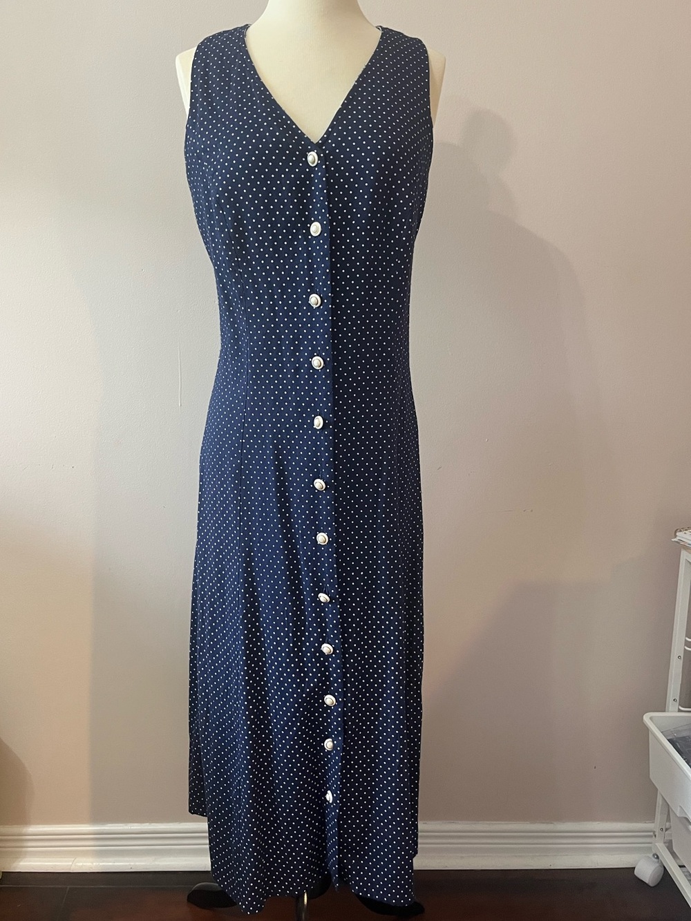 90s Vintage Polka-Dot Button-Front Midi Women's Dress